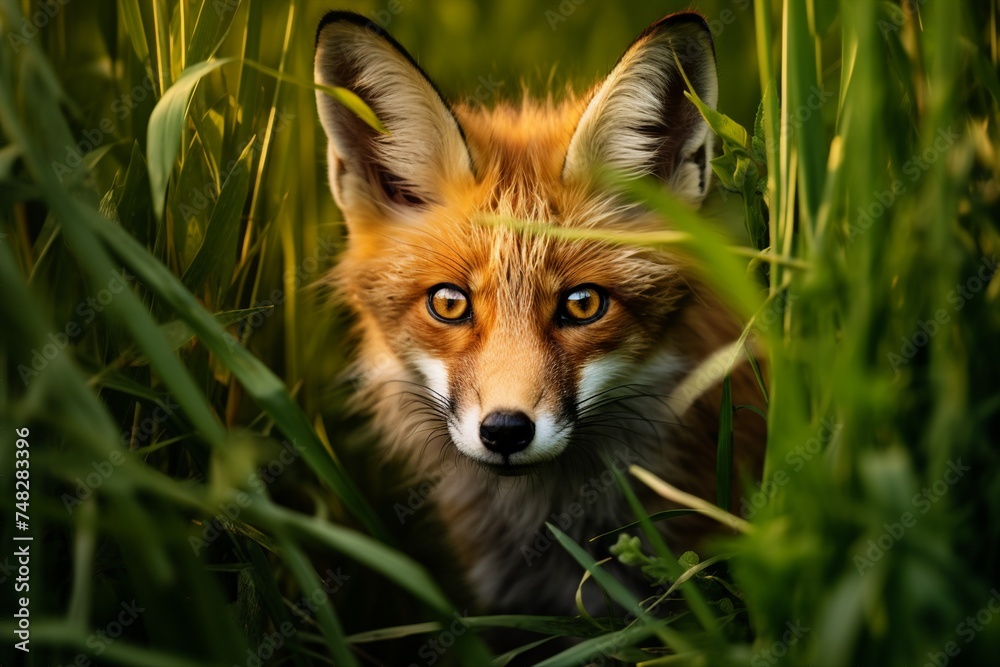 Obraz premium Red fox cub, red fox vulpes, Red Fox Amidst Tall Grass-Painterly Hiding, Fox hidden in the grass. a red fox looks at the camera while hiding behind tall grass,