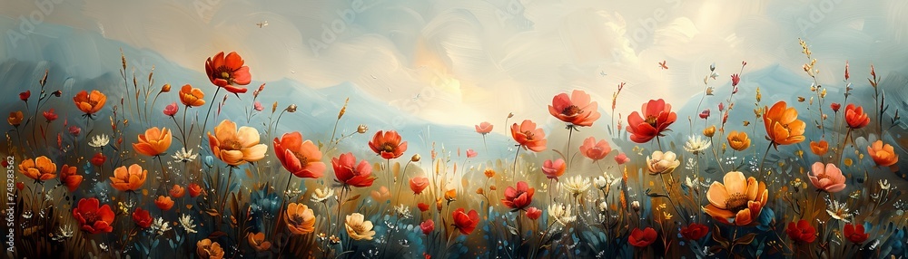 Obraz premium Nature's idyllic spring bloom in a sun-kissed field, vintage design with rustic elegance among dainty blooms.