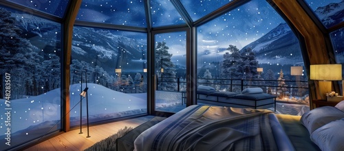 luxury modern glass igloo hotel with beautiful view on mountains