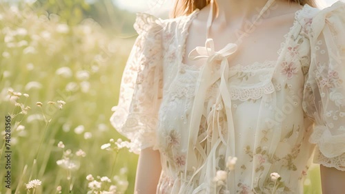A delicate and feminine look featuring a floral babydoll dress with lace detailing and a ribbon tied in a bow perfect for a romantic picnic in a meadow.