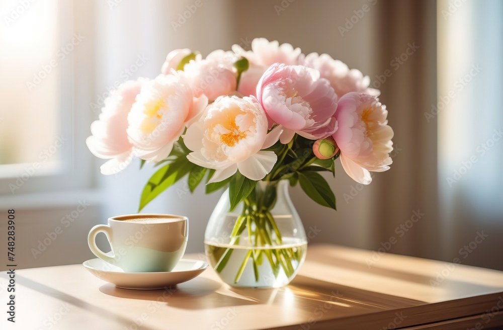 White and light pink peonies bouquet in vase glass with mug cup of coffee latte cappuccino sun light window modern interrior bokeh spring White and light pink peonies bouquet in vase glass with mug cup of coffee latte cappuccino sun light window modern interrior bokeh spring