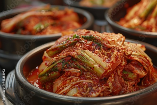 Traditional Korean kimchi in a pot - Spicy and seasoned Korean kimchi fermenting traditionally in stoneware pots, focused on chili-covered Napa cabbage photo