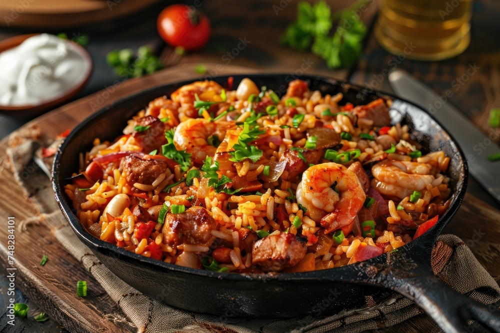 Savory shrimp and sausage jambalaya in skillet - A deliciously spicy shrimp and sausage jambalaya served in a cast iron skillet, garnished with green onions
