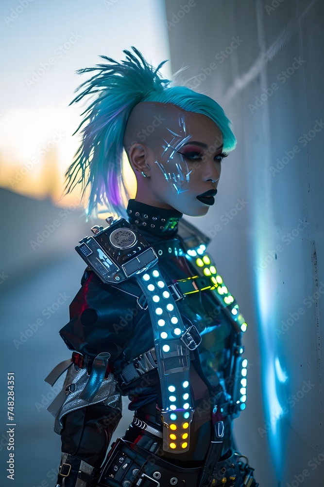 woman with blue hair in anime futuristic clothing light up vest posing outside builing woman with blue hair in anime futuristic clothing light up vest posing outside builing
