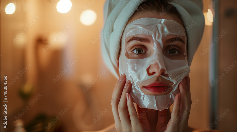 A woman with a facial mask on her face A woman with a facial mask on her face