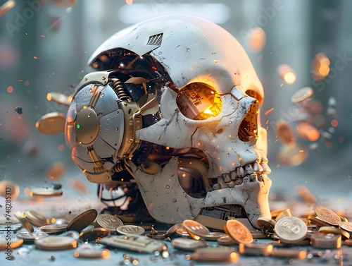 Hyper-Detailed Futuristic Scifi Skull Surrounded by Coins