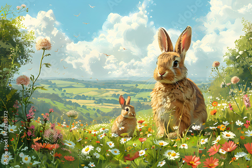 An idyllic Easter countryside with rabbits frolicking in a blooming meadow.