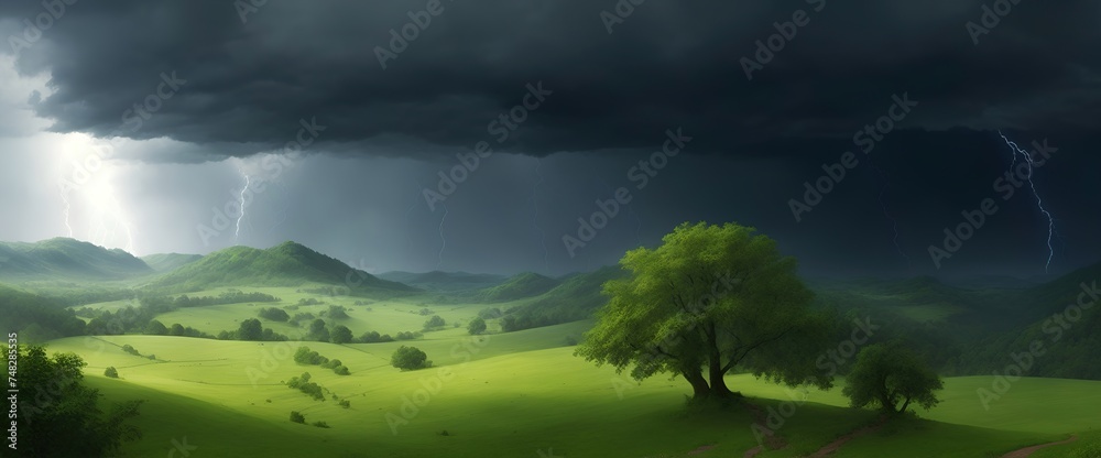 Lightning and thunderstorm over a field with green grass