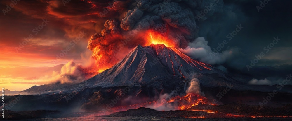 Volcanic eruption, clouds of smoke and fire - obrazy, fototapety, plakaty 
