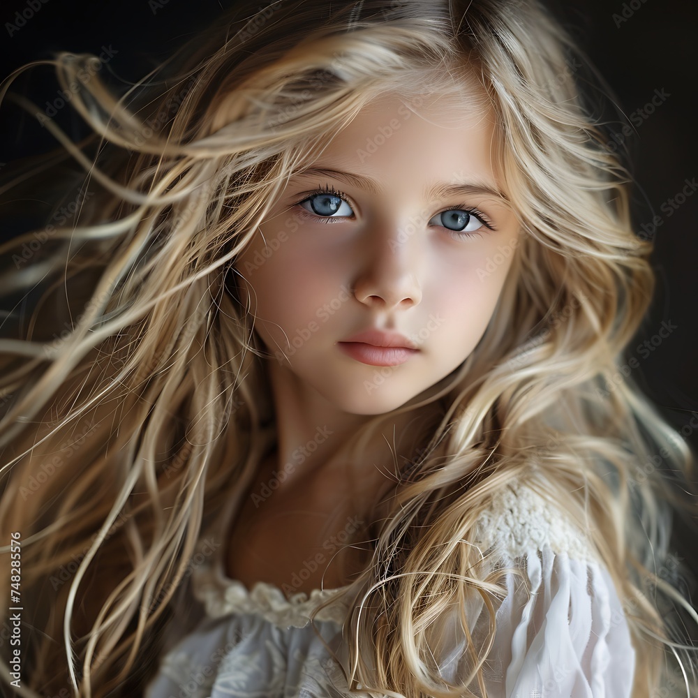 Beautiful girl children close-up long blonde hair