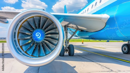 A turbine on the wing of a modern passenger aircraft. Turbine spinning, creating whirlwind of power, propelling plane to new heights.