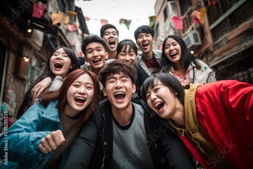Group of young Asians laughing to the camera, having a good time on the street