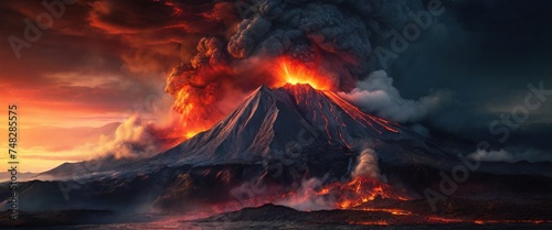 Volcanic eruption, clouds of smoke and fire