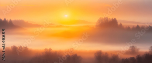 Summer background with fog in a meadow during sunrise