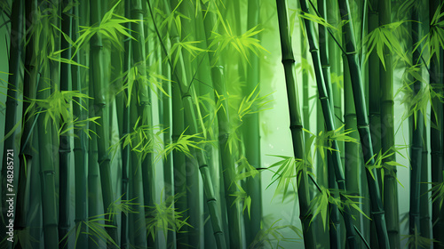 Tranquil bamboo forest  tall bamboo stalks create a dense and peaceful atmosphere