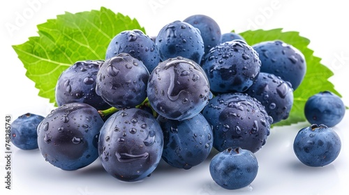 With clipping path. Full depth of field. An isolated dark blue grape with leaves on a white background. Wet fruit.