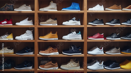 An array of fashionable shoes, including sneakers, loafers, and boots, displayed on a shoe rack.