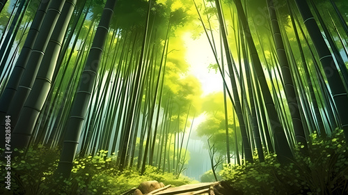 Bamboo forest  tall bamboo stalks  tranquil and Zen green background