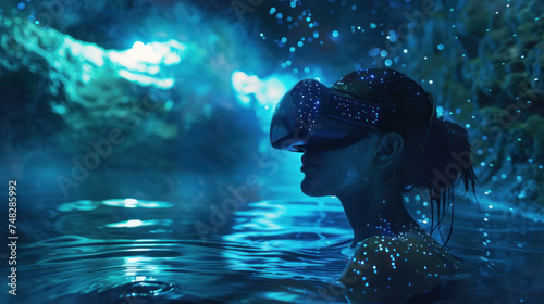 A woman is submerged in water using VR, surrounded by a mystical underwater environment with glowing particles, depicting the transformative nature of VR and its use in surreal experiences  photo