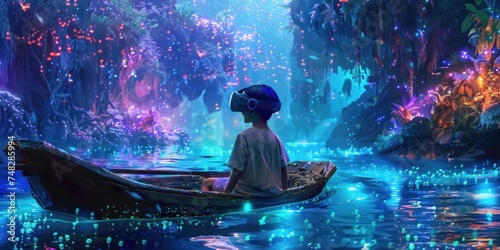 child sits tranquilly in a boat, wearing a VR headset, surrounded by glowing, bioluminescent environment, representing peaceful exploration of virtual worlds and the serenity technology can bring