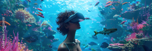 woman is submerged in an underwater VR experience, surrounded by vivid coral reefs and tropical fish, perfect for showcasing virtual deep-sea adventures, promoting marine biology education © Ярослава Малашкевич