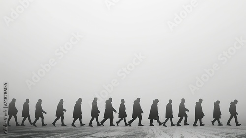 Multiple silhouettes of a person in a row on foggy background.