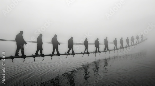 People crossing a misty bridge in a single file.