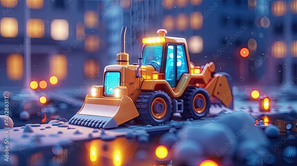 Illuminated loader in a snowy cityscape. Illuminated loader in a snowy cityscape.