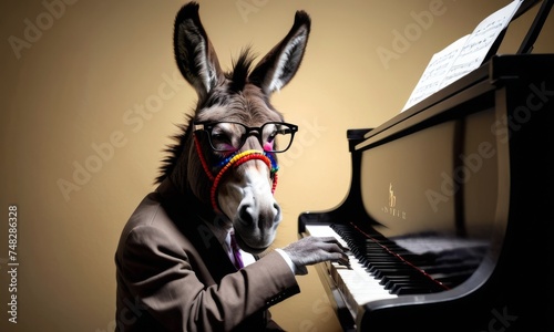Elegantly dressed in a suit, a donkey engages with piano keys. The juxtaposition of formal attire and a barnyard animal creates a humorous and surreal image. © video rost
