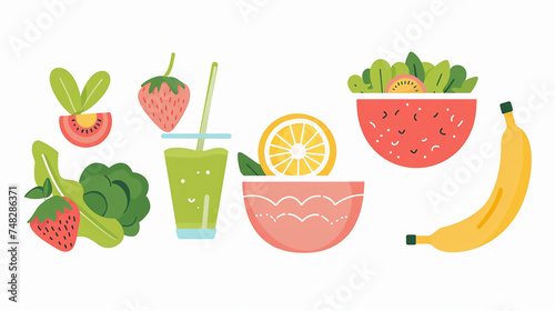 An assortment of healthy lifestyle icons like a salad bowl, a smoothie glass, and a yoga mat, symbolizing wellness habits.