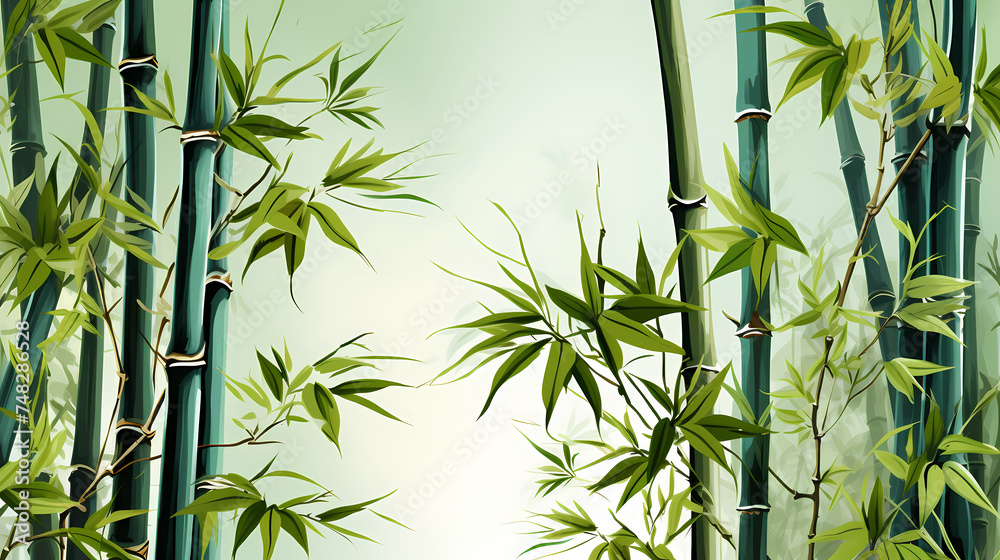 Fototapeta premium Bamboo forest, tall bamboo stalks, tranquil and Zen green background