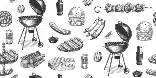 Seamless pattern with grilled meat and bbq equipment. Background with bbq food and tool. Hand drawn grilled steak, sausage, fish, shish kebab, ribs. Sketch of hamburger. Engraved vector illustration