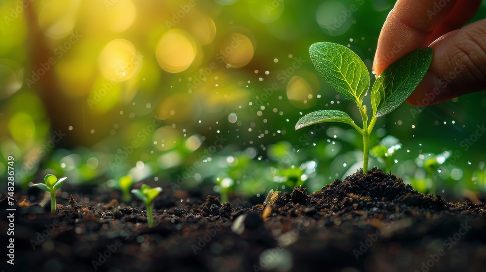 A hands-on planting seedling growing step in a garden with sunshine. Growth, profit, development, and success of a business are all included. - obrazy, fototapety, plakaty 