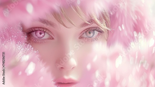 Close-up of eyes with soft pink feathers and sparkles.