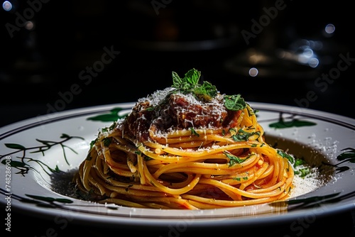 Delicious italian spaghetti with rich meat sauce, showcasing vibrant colors and textures