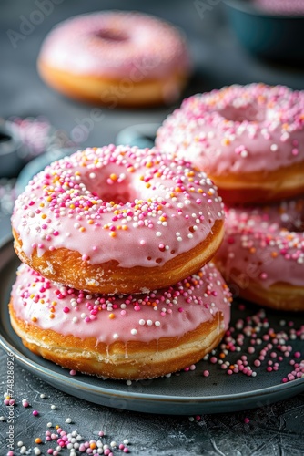 Pink frosted donuts with multicolored sprinkles on a dark plate.