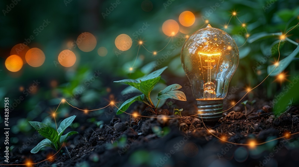 An LED bulb is located on the soil, and plants are growing with growth graphs. Alternative sources of energy are crucial to our future. Green energy development is vital. - obrazy, fototapety, plakaty 