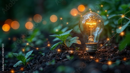 An LED bulb is located on the soil, and plants are growing with growth graphs. Alternative sources of energy are crucial to our future. Green energy development is vital. photo