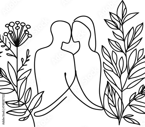 romantic couple in continuous line drawing minimalist, simplicity contour,
