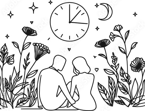 romantic couple in continuous line drawing minimalist, simplicity contour,