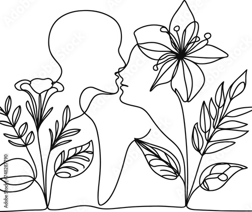 romantic couple in continuous line drawing minimalist, simplicity contour,