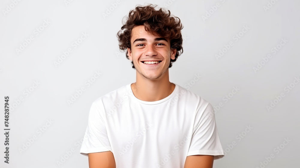A captivating portrait of a cheerful young man with curly hair and a stylish beard in a white t-shirt, perfect for modern marketing campaigns with a positive and youthful appeal.