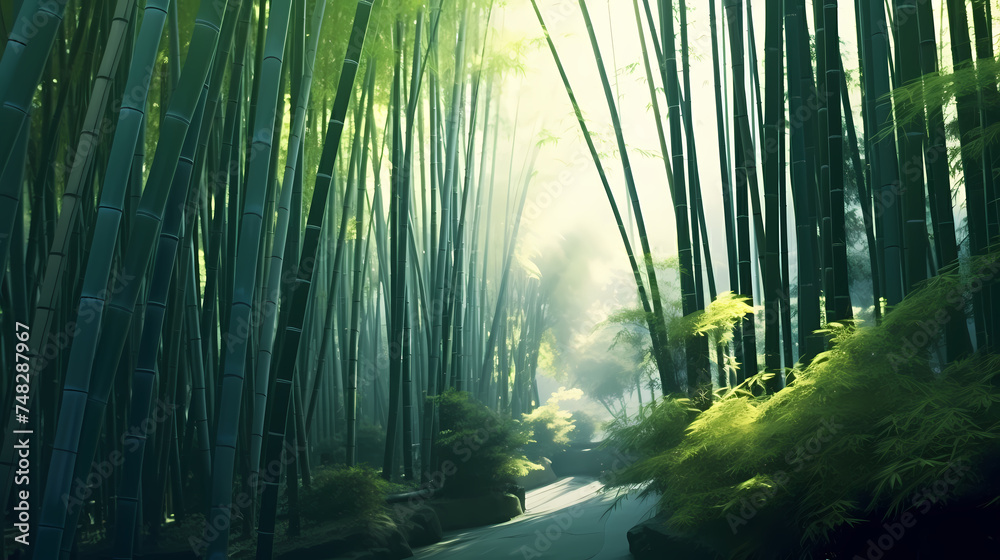 Bamboo forest, tall bamboo stalks, tranquil and Zen green background