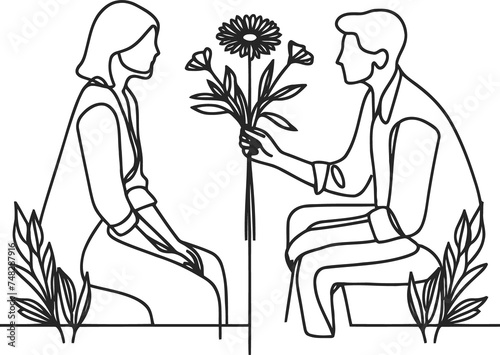 romantic couple in continuous line drawing minimalist, simplicity contour,