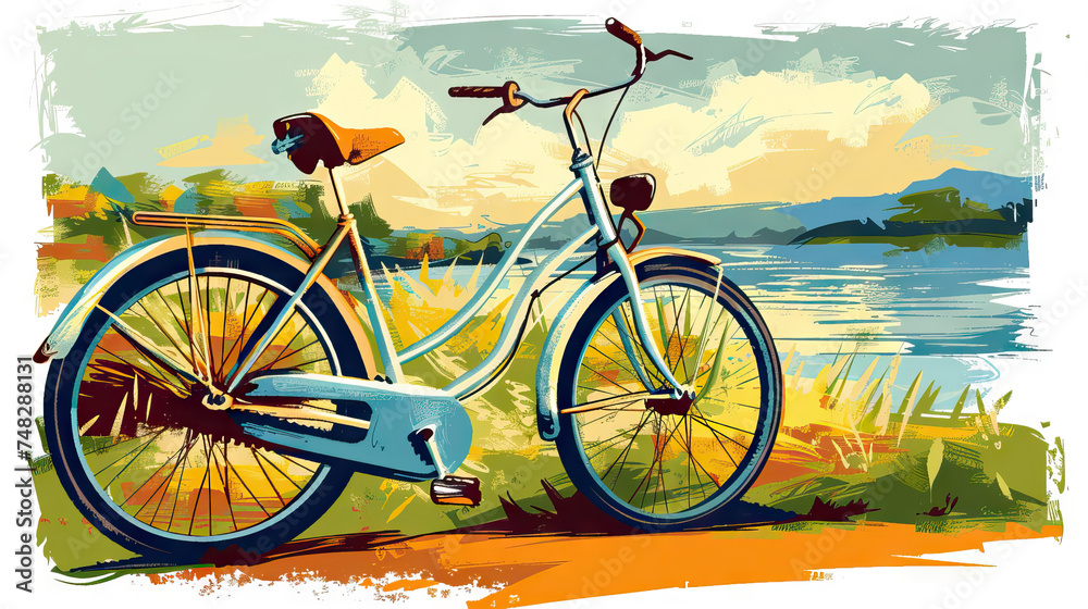 Fototapeta premium Retro Bicycle Poster: A poster-style illustration of a vintage bicycle with a scenic background. Isolated Vintage Vector. White Background. Old School.