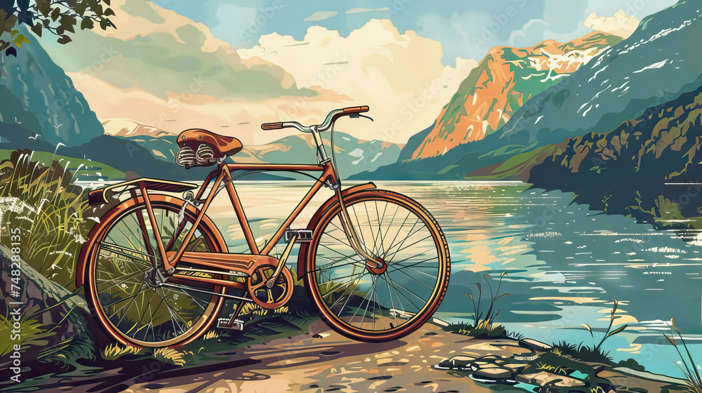 Retro Bicycle Poster: A poster-style illustration of a vintage bicycle with a scenic background. Isolated Vintage Vector. White Background. Old School.
