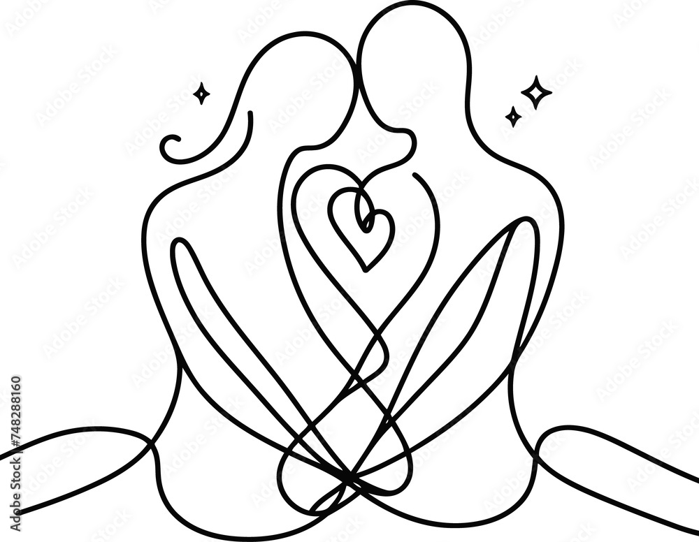 romantic couple in continuous line drawing minimalist, simplicity contour,