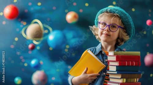 Cute little boy in a hat and glasses with books gainst the background of the planet. The concept of education. photo