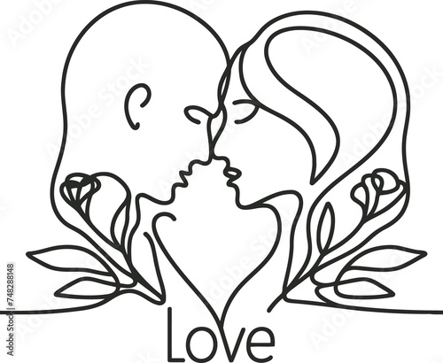 romantic couple in continuous line drawing minimalist, simplicity contour,