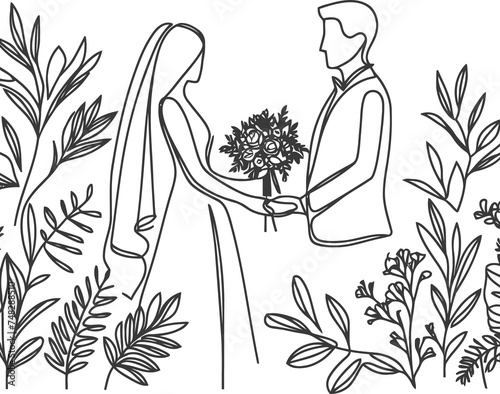 married, wedding continuous line drawing minimalist, simplicity contour, 